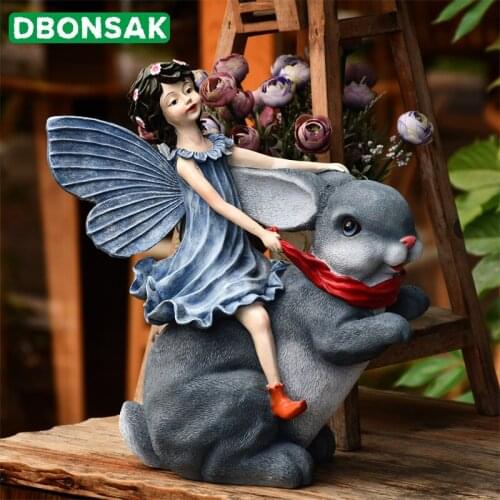 Resin Angel Riding A Rabbit Decoration Flower Fairy Girl Sculpture Ornaments Outdoor Garden Villa Farmhouse Furnishings Crafts