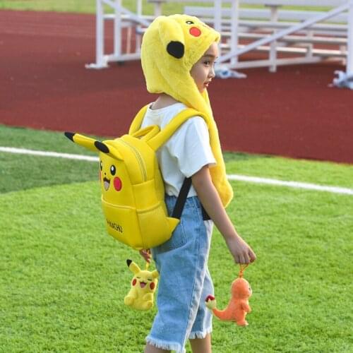 Pikachued Backpack School Bag Hat Squirtle Bulbasaur Charmander Stuffed Toy Plush Doll Keychain Pokemoned Pendant Gifts For Kid
