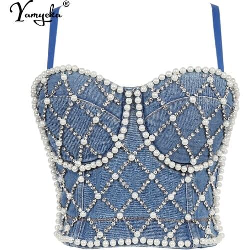 Sexy Denim Rhinestone corset crop top women summer halter bustier Party tank y2k top Push Up bra night club Cropped womens tops