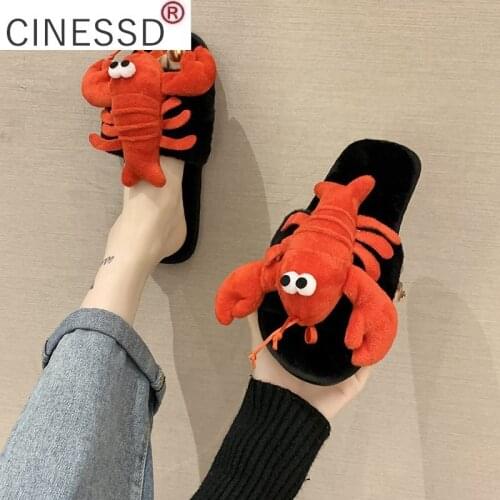 Fur Shoes Ladies Slippers Flock Low Platform Luxury Slides Slipers Women Plush Flat Heel Crayfish Crab Pattern Womens Home Shoe