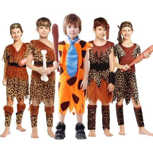 Umorden Kids Child Caveman Costume for Boys Girls Caveboy Cavegirl Stone Age Primitive Cosplay Purim Halloween Costumes