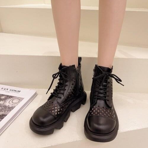 Platform Women Boots Soft Leather Ankle Boots Sexy Hollow Comfortable Sandals Heels Lace Up Punk Motorcycle Boots Botas Mujer