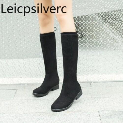 Womens Boots Autumn And Winter The New fashion Round head Lace-up Thick heel Low-heeled High tube Womens shoes plus size 34-44