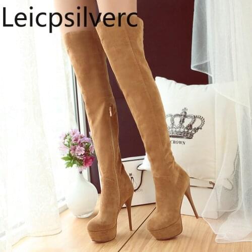 Womens Boots winter new style fashion Flock Round head zipper Fine heel High heel Womens Over the knee boots plus size 34-43