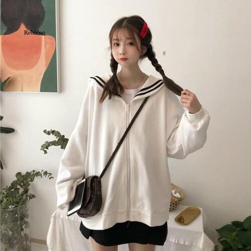 Womens Sweet Autumn Zip-up Sweatshirts Korean Hooded Sailor Collar Batwing Sleeve Oversized Solid Color Hoodies for Student