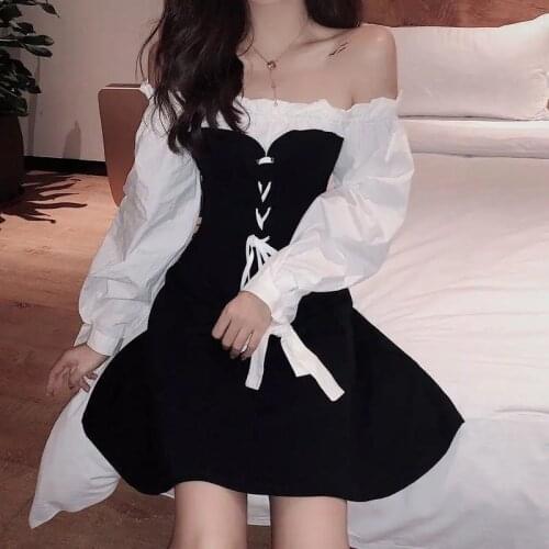 4XL Lady Black White Plus Size Lace-up Lantern Sleeve Empire Party Dresses Women Slash Neck Ruffles Gohitc Mini Dress 2021