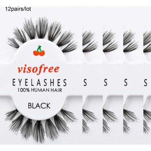 12pairs/lot Visofree Lashes Black Eyelashes Handmade Natural 100% Human Hair Lashes Invisible Band False Eyelashes Makeup