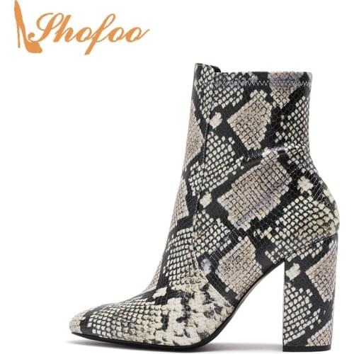 Snake Animal Prints Ankle Boots High Chunky Heels Woman Round Toe Zip Booties Large Size 15 16 Ladies Fashion Sexy Shoes Shofoo