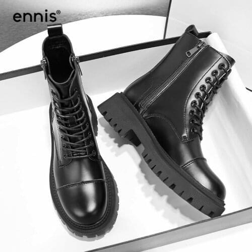 ENNIS Black Martin Boots Womens Cow Leather Shoes Platform Chunky Boots Lace Up Ankle Boots Winter Autumn Zip Shoes Brand 2021