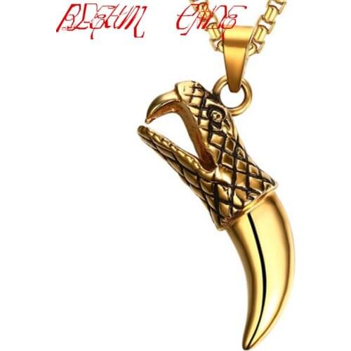 Punk 316L Stainless Steel Snake Head Tooth Pendant Necklace with Quality Steel Chain Necklace Gold Color