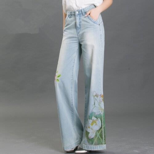 Free Shipping 2019 New Fashion Spring And Summer Vintage Flower Prined Trousers Plus Size 26-34 Pants National Trend Jeans