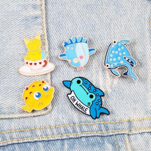 Sea Creatures Enamel Pins Cute Whale Octopus Puffer Fish Brooch Denim Jackets Lapel Pin Cartoon Ocean Badges Jewelry Gifts Kids
