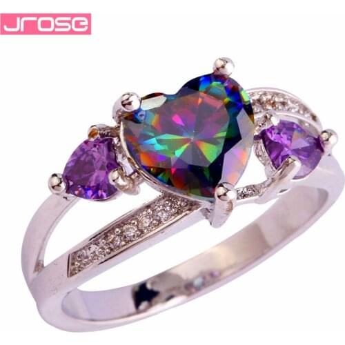 JROSE Wholesale Mystic Heart Purple & Rainbow & White CZ Silver Color Rings For Women Size 6 7 8 9 10 Love Nice Gift