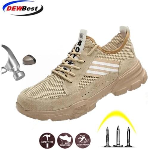 DEWBEST 2021 Fashion Mens Industrial & Construction Steel Toe Cap Safety Shoes Men Breathable Puncture Proof Work Boots Sneaker
