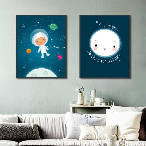 Cartoon Moon Galaxy Astronaut In Space Modular Poster Cute Picture For Baby Room Modern Wall Art Canvas Painting Home Decoration