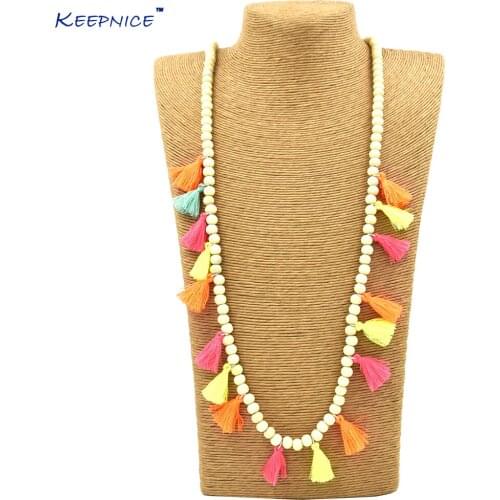 New Bohemia Boho long wooden Rosary beaded Necklaces colorful tassel pendants long statement Necklaces