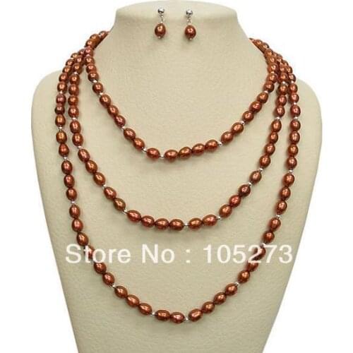 New Arriver Brown Color 7.5-8mm Rice Natural Freshwater Pearl Necklace Earrings 48'' Fashion Jewelry Set Wholesale Free Shipping