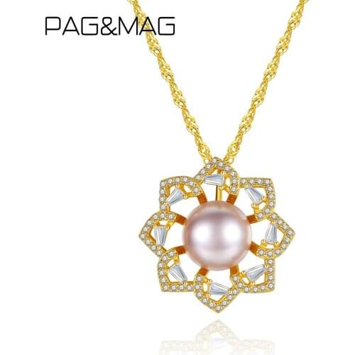 PAG&MAG Freshwater Cultured Pearl Bead Pendant Necklace Sterling Silver 925 Necklace For Women CZ Flower Fine Jewelry Gift