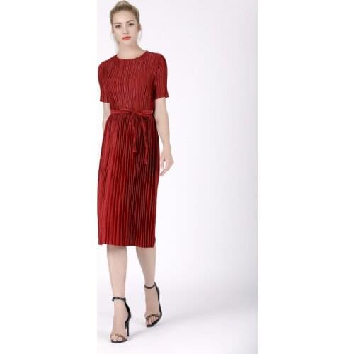 HOT SELLING Miyake fold round collar improved qipao dress with short sleeve sashes dress IN STOCK