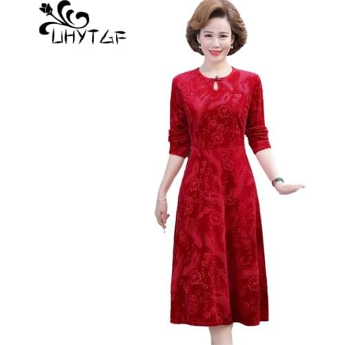 UHYTGF Long Sleeve Spring Autumn Dress Women Red O Neck Pullover Vintage Plus Size Dresses Elegant Mother Clothes Vestidos 2033