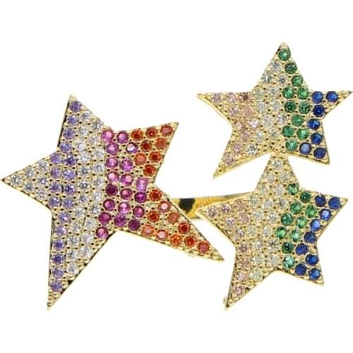 Sparking bling AAA cz paved star rings 3 colors rainbow blue white zirconia high qualit open cocktail ring