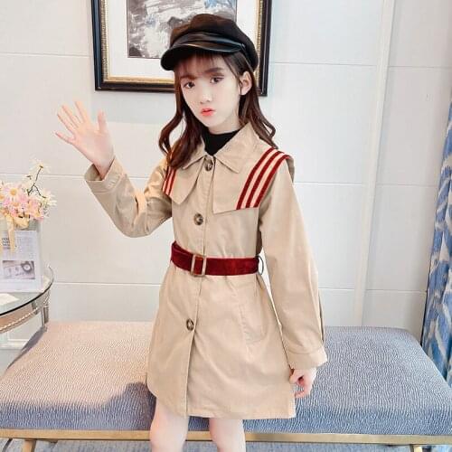 Trench Coat For Girl Spring Autumn Childrens Windbreaker Jacket 2021 New Preppy Style Striped Turn Collar Teenager Clothes