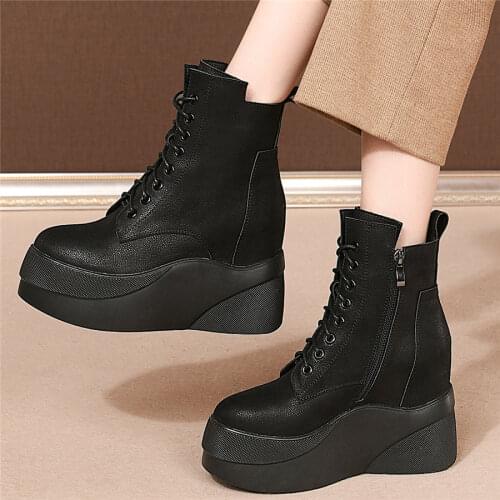 Platform Oxfords Shoes Women Lace Up Genuine Leather Wedges High Heel Motorcyle Boots Female High Top Round Toe Fashion Sneakers
