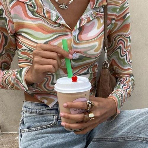 Wave Print Long Sleeve T Shirt Bodycon Sexy Casual Button T Shirt 2021 Summer Mesh Fashion Vintage Turn Down Collar Women Tees
