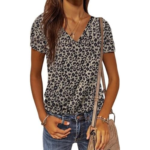 2021 European and American Summer Fashion Slim Hedging Casual Leopard Print V-Neck Short Sleeve T-Shirt Top Women