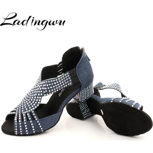 Ladingwu Low-heeled Latin Dance Shoes Salsa Women Dark blue Denim Collocation Shine Rhinestone Dance Shoes Woman Ballroom indoor