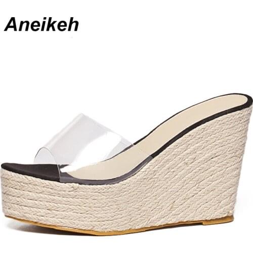 Aneikeh 2021 New Summer PVC Jelly Sandals Slippers Shoes Casual Sexy Wedges 11CM Womens Sandals Slippers Outdoors Size 34-40