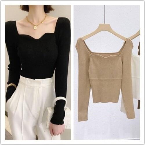 2021 Spring Autumn Women Sweater Pullovers Knit Crop Tops Square Collar Jumpers Casual Jersey Streetwear Vintage French Chic ins