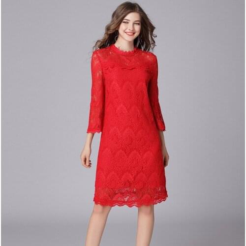 2020 Spring Summer Womens Stand Collar Ruffled 3/4 Flare Red Black Dress , Korean Woman Female Slim 4xl 5xl Dresses