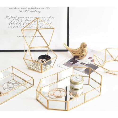 Gold Glass Storage Trays Nordic Makeup Organizer Sundries Serving Tray Dessert Plate Metal Decorative Tray Home Kitchen Decor