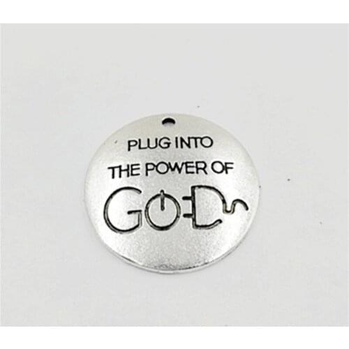 10 pcs/Lot 25mm Antique Silver colour letter printed plug into the power of god charm round disc message charms