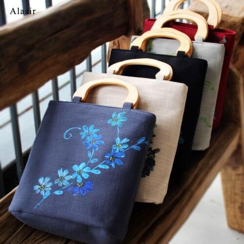 Alasir National Style Hand-painted Bag Chinese Style Cotton and Linen Literary Women Handbag Artsy Flowers Designer Bags