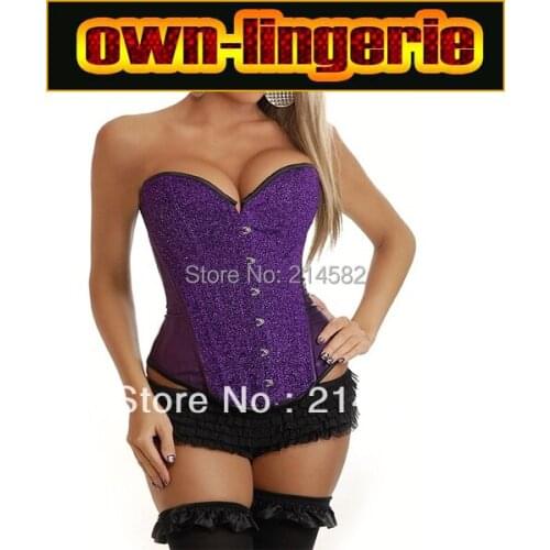 Free Shipping Overbust Strapless Bustiers Purple Paillette Corsets with Tutu Skirt corset women clothing w7059