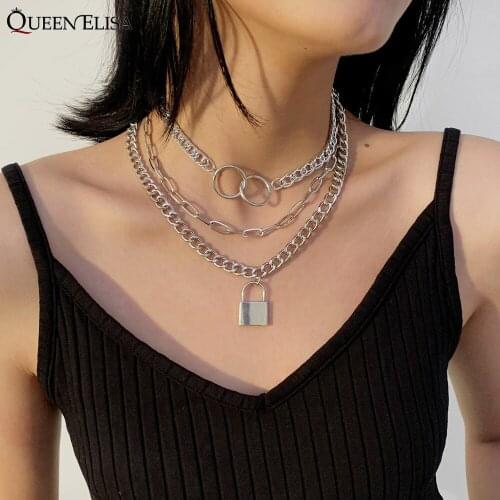 QUEEN ELISA 2021 Gothic Lock Pendent Necklace for Women Men Gold Vintage Hip Hop Chain Necklace Punk Statement Choker Necklace