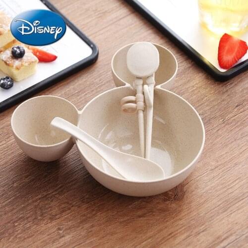 Disney Wheat Straw Childrens Grid Tableware Baby Bowl Fork Spoon Complementary Food Baby Learn To Eat Bowl Cute Three-piece Set