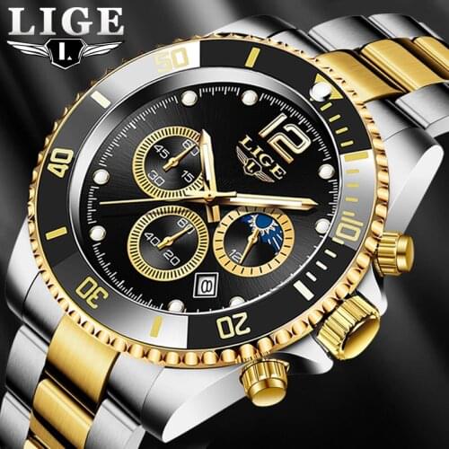 LIGE Men Watch Business Waterproof Date Watches Fashion Multifunction Stainless Steel Golden Quartz Watch Relogio Masculino+Box