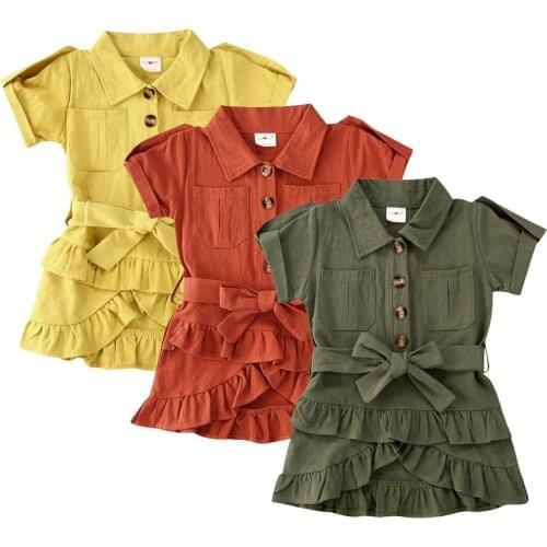 2020 Baby Summer Clothing Toddler Kids Baby Girl Short Sleeve Button Dress Casual Party Ruffle Dresses 2-7 Years