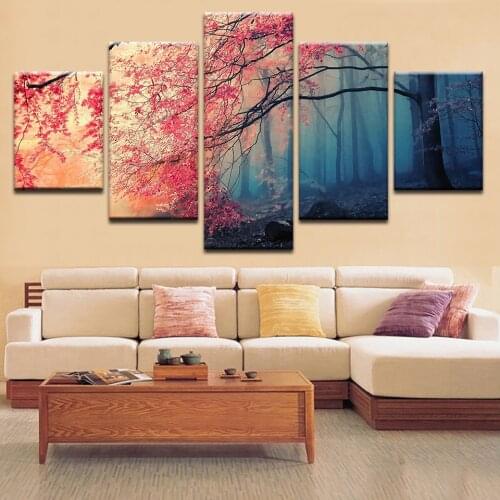 5 Piece Wall Art Canvas Paintes Framework Red Tree Scenery Home Decor Modular Pictures & Poster For Living Room Decoration