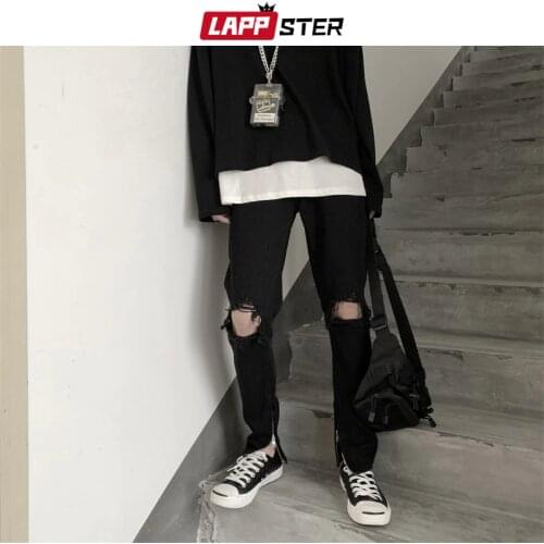 LAPPSTER Men Hip Hop Black Ripped Jeans 2020 Male Korean Streetwear Skinny Denim Pants Male Fashions High Waist Distressed Jeans