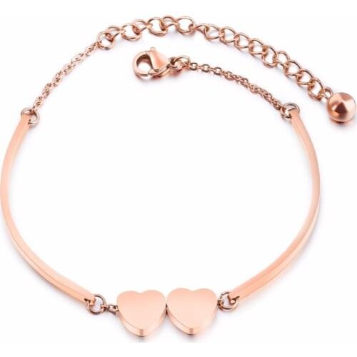 Fashion Two Hearts Women 's Bracelets Bangles Rose Gold Color Stainless Steel Link Chain Female Ladies OL style Jewelery Gift