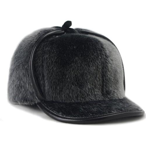 Autumn Winter Baseball Cap Men Faux Mink Fur Hat Solid Flat Top Fitted Caps for Men Thick Warm Earflap Dad Baseball Hat