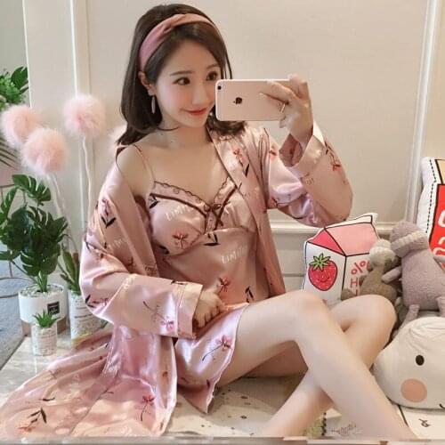 Women Pajamas 2 Pieces Satin Sleepwear Pijama Silk Home Wear Home Clothing Lace Sleep Lounge Sleep Wear Loose Nightdress+robe