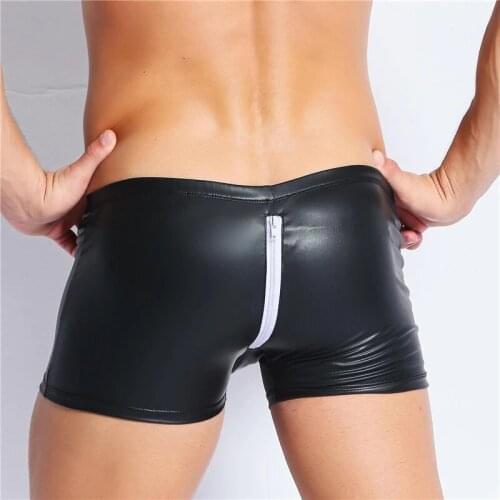 Sex Latex Bodycon Zipper Crotchless Patent Leather Fetish Boxer Hot Pants Sissy Mens Sexy Open Crotch Leather Short Pants