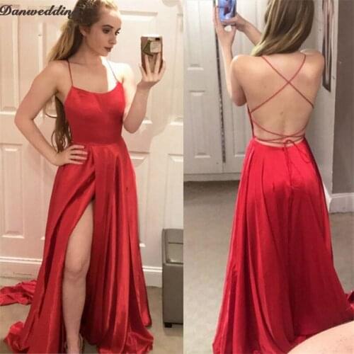 Sexy Backless Evening Dresses Side Split Spaghetti Straps Sleeveless Prom Dress Girl Chapel Train Custom Made Party Dresses