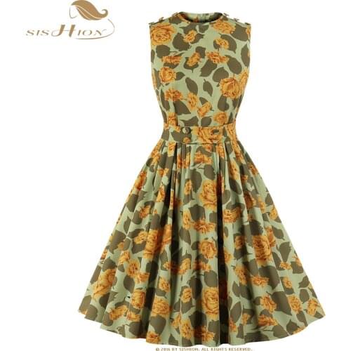 SISHION Light Green Sleeveless Floral Print Women Summer Dress robe femme VD1793 Swing Retro Vintage Dresses vestidos
