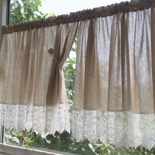 Nordic cotton linen short kitchen curtain with white lace half curtain